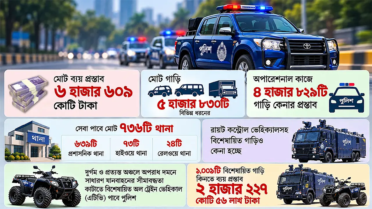 সাড়ে ৬ হাজার কোটি টাকায় ৫ হাজার ৮৩০টি পুলিশের গাড়ি কেনার উদ্যোগ